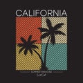 California t-shirt design with silhouette of palm trees. Typography graphics for apparel, tee shirt print with grunge. Vector Royalty Free Stock Photo